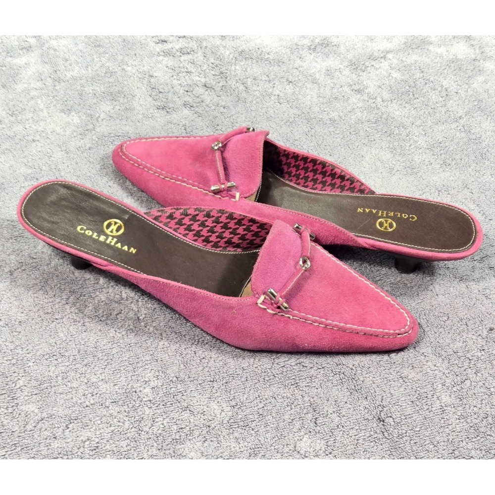 Cole Haan Suede Mule Heels Women 7B Pink Pointed Toe Bit Detail Good Condition
